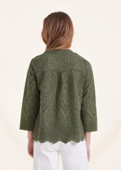 Top Kaki En Broderie Anglaise à Manches 3/4 -Vêtements Soldes Magasin FH TO VAZARE B 1554 b