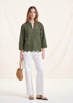 Top Kaki En Broderie Anglaise à Manches 3/4 -Vêtements Soldes Magasin FH TO VAZARE B 1554 c