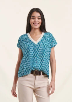 Top Bleu Pétrole à Manches Courtes Imprimé Graphique