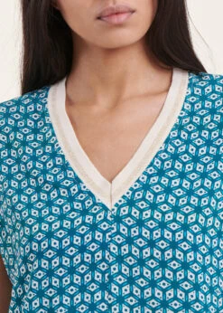 Top Bleu Pétrole à Manches Courtes Imprimé Graphique -Vêtements Soldes Magasin FH TO VEFA F 805 6