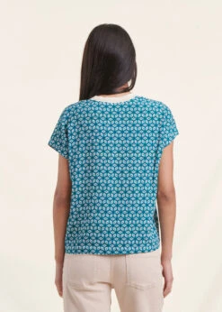 Top Bleu Pétrole à Manches Courtes Imprimé Graphique -Vêtements Soldes Magasin FH TO VEFA F 805 b