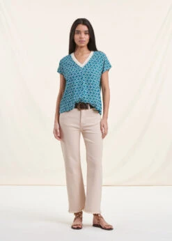 Top Bleu Pétrole à Manches Courtes Imprimé Graphique -Vêtements Soldes Magasin FH TO VEFA F 805 c