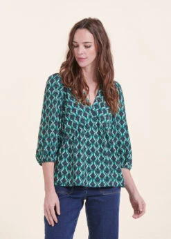 Top Vert Manches 3/4 à Imprimé Ethnique