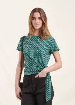 T-shirt Bleu Pétrole Ample Manches Courtes Imprimé