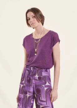 T-shirt Prune En Lin Manches Courtes